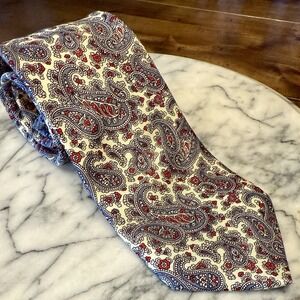 Lord & Taylor Kensington White Blue Red PAISLEY 100% Silk Wide Necktie Tie USA